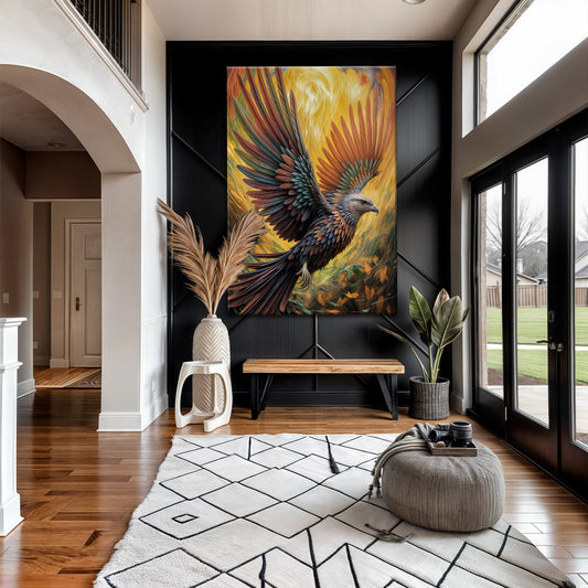 Flight Of Fancy Bird Wall Art canvas by Tailored Canvases, vivid feathers on yellow on Tampa Home & Garden Store