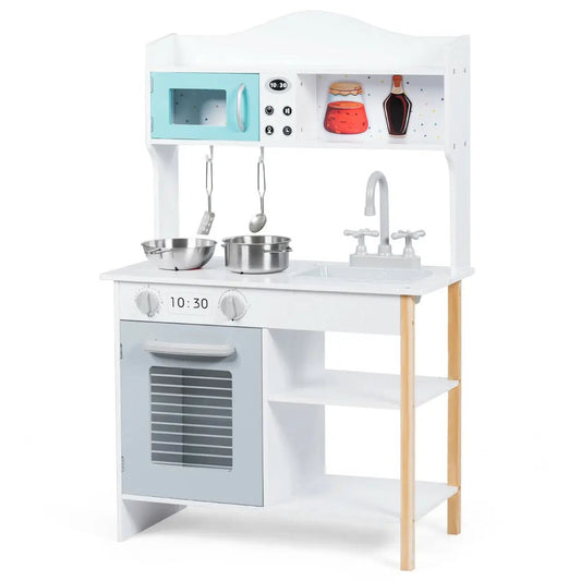 Kids Kitchen Cookware Pretend Cooking Set white/blue stove with sink and hanging utensils on Tampa Home & Garden Store