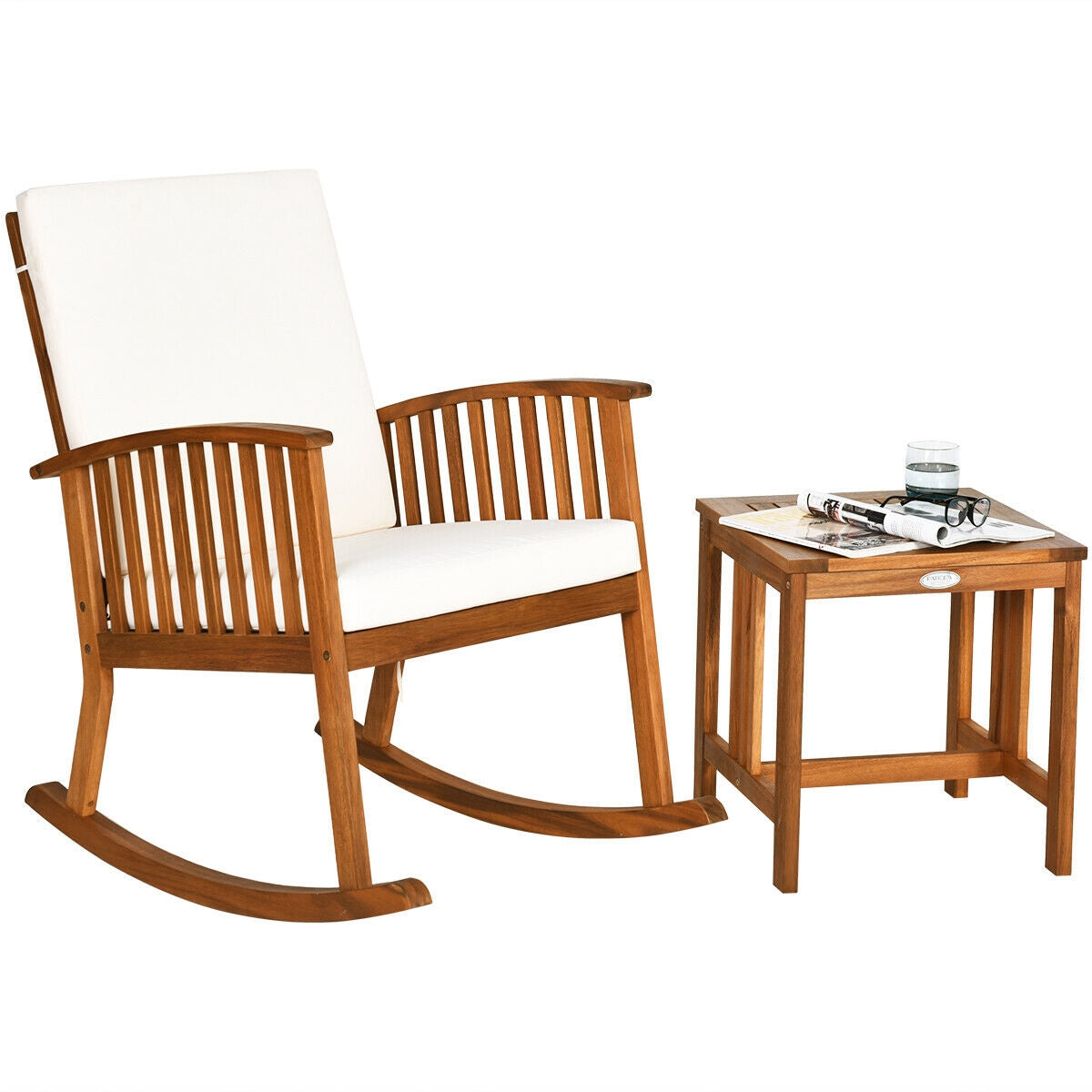Juego de 2 sillas mecedoras con mesa de patio de madera de acacia