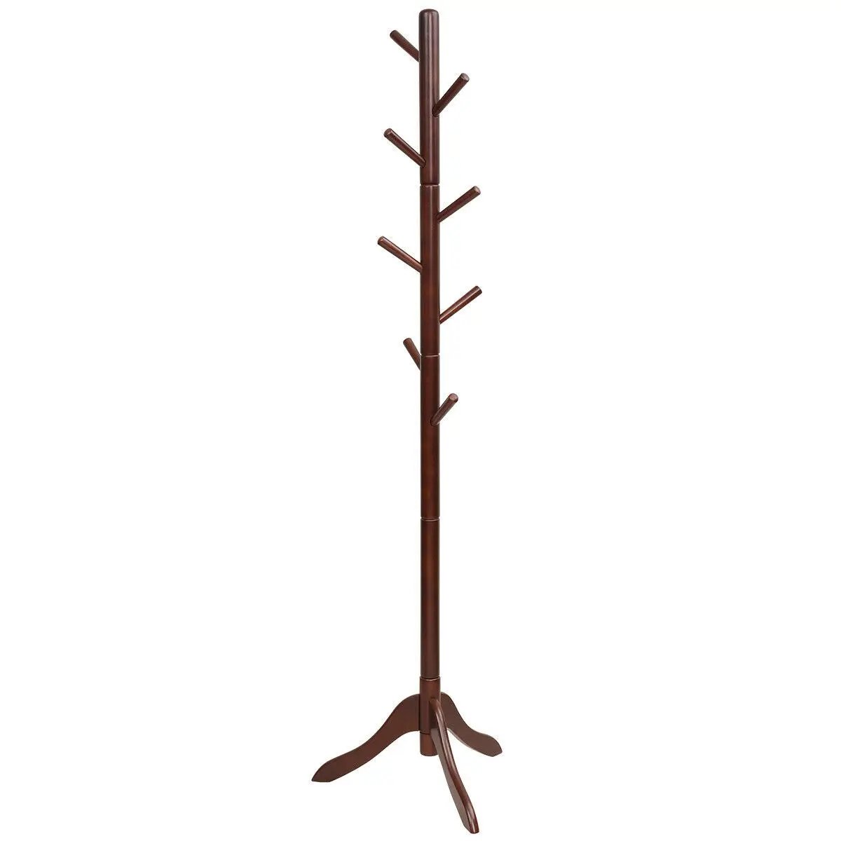 Adjustable wooden tree coat rack with 8 hooks in brown finish on a tripod base on Tampa Home & Garden Store
