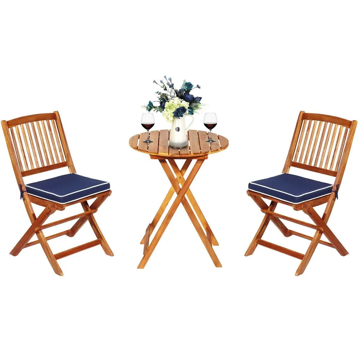 DirectDeals 3pc Patio Folding Bistro Set Navy with table and two wooden folding chairs on Tampa Home & Garden Store
