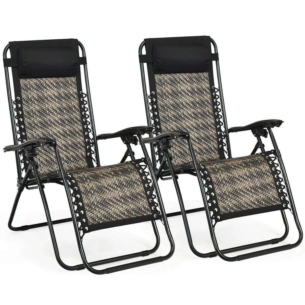 Two-piece zero gravity patio lounge chairs with black frames and brown woven rattan seating on Tampa Home & Garden Store