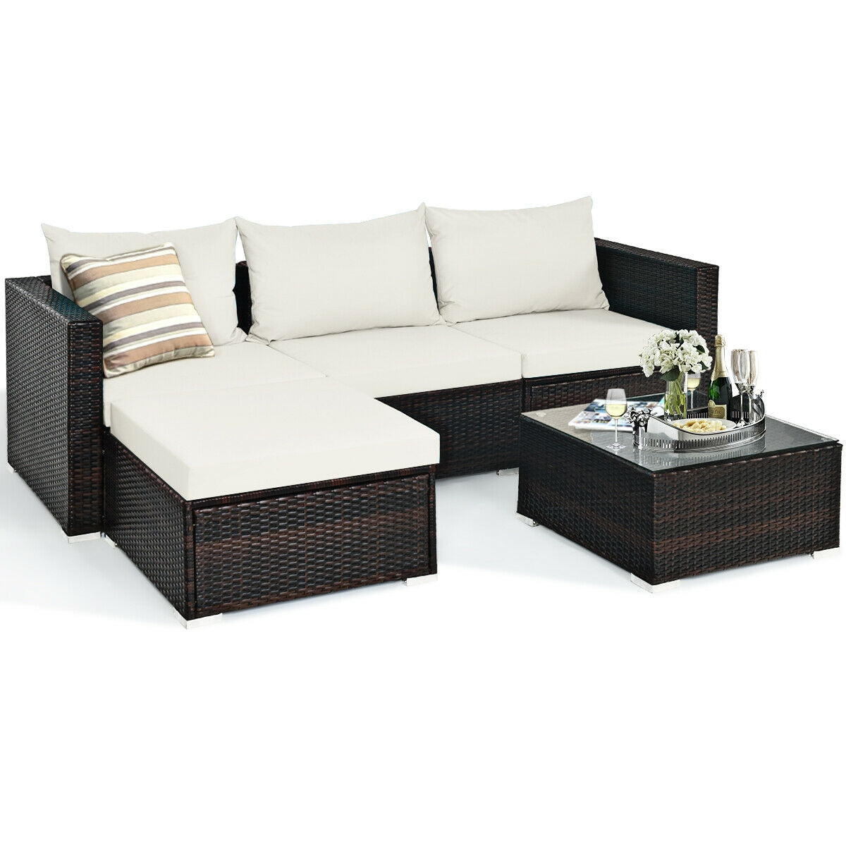 5 Pieces Patio Rattan Sectional Furniture Set with Cushions and Coffee Table-Red