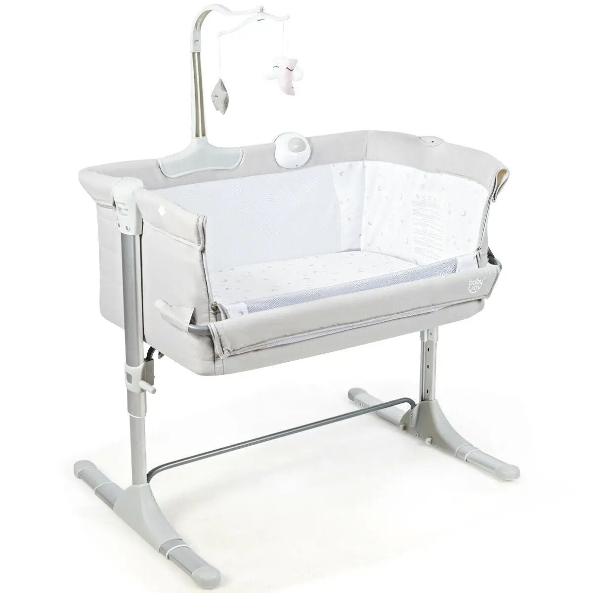 Adjustable height baby crib with music box and mobile on a gray/white metal stand on Tampa Home & Garden Store