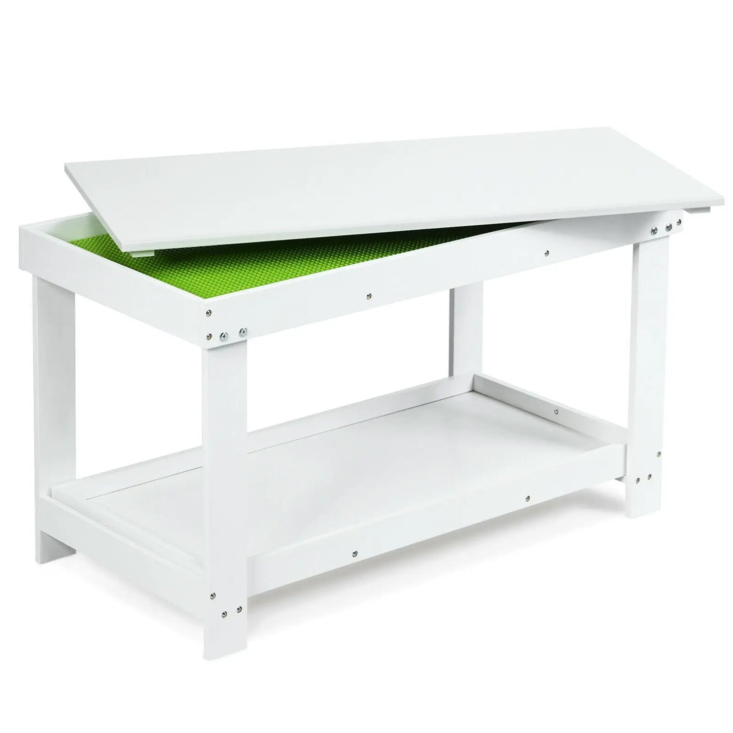 Solid wood white kids activity table with lift-top lid and green pegboard insert on Tampa Home & Garden Store