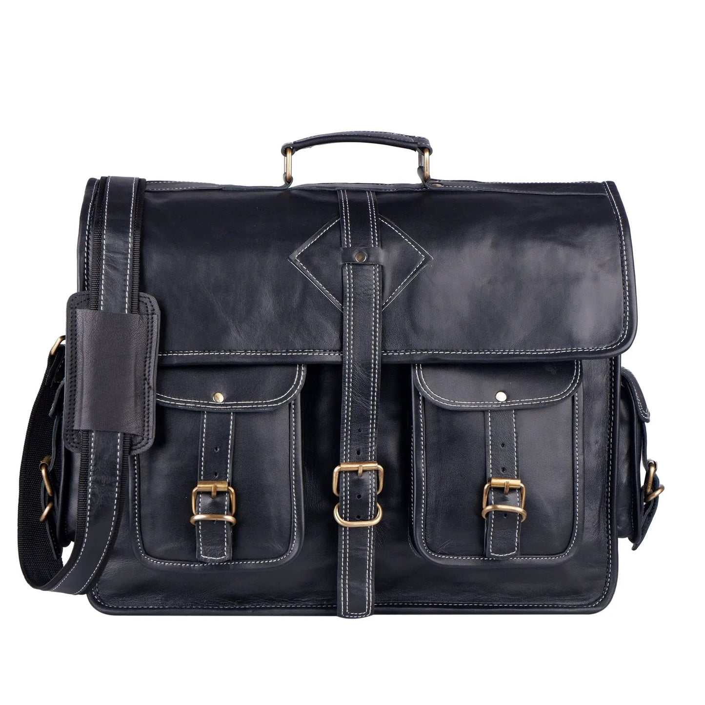 Retro Black Leather Messenger Bag with brass buckles by Classy Leather Bags on Tampa Home & Garden Store