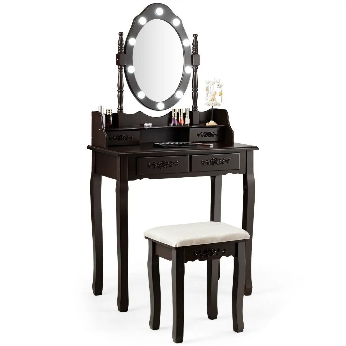 Makeup vanity table set with dimmable bulbs, dark brown wood, cushioned stool DirectDeals on Tampa Home & Garden Store