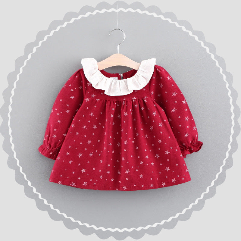 Stevvex red knit baby dress with white star print and white ruffled collar and long sleeves on Tampa Home & Garden Store