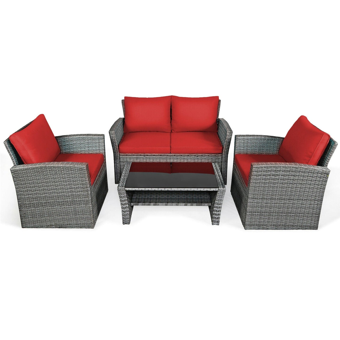 Juego de muebles de ratán para patio de 4 piezas con sofá, mesa con estante de almacenamiento y cojines - Negro