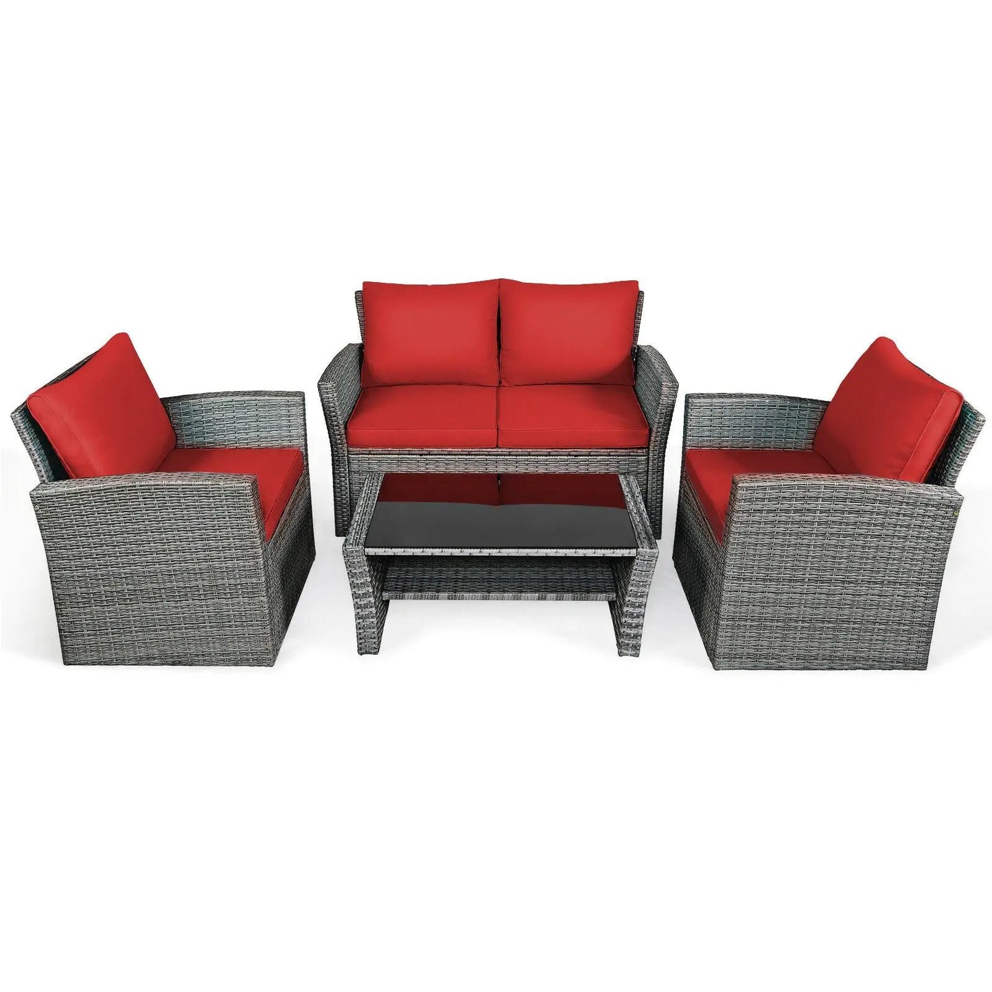 4-piece patio rattan furniture set with sofa table, gray wicker, red cushions by DirectDeals on Tampa Home & Garden Store