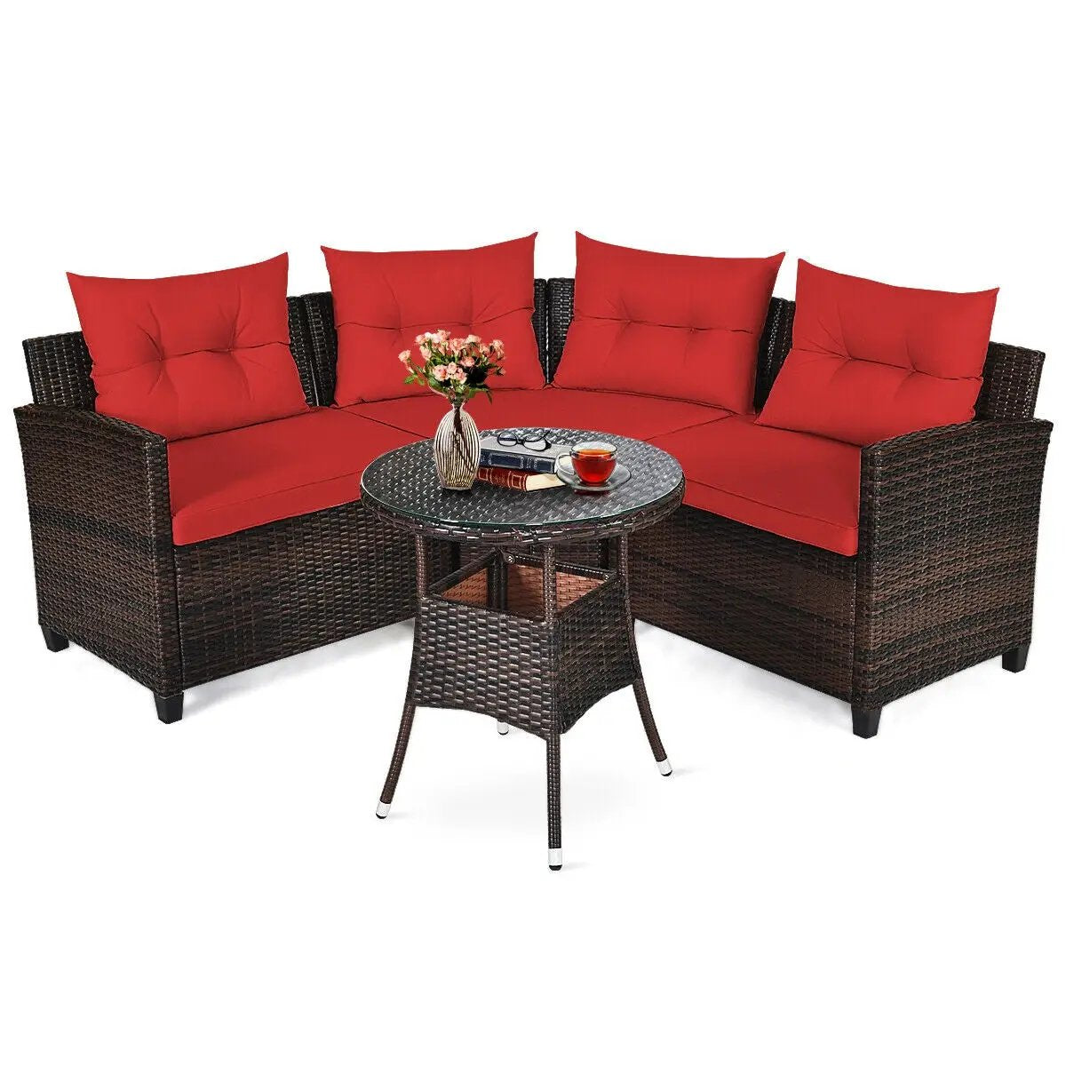4-Piece Outdoor Rattan Furniture Set with red cushions and glass-top table DirectDeals on Tampa Home & Garden Store