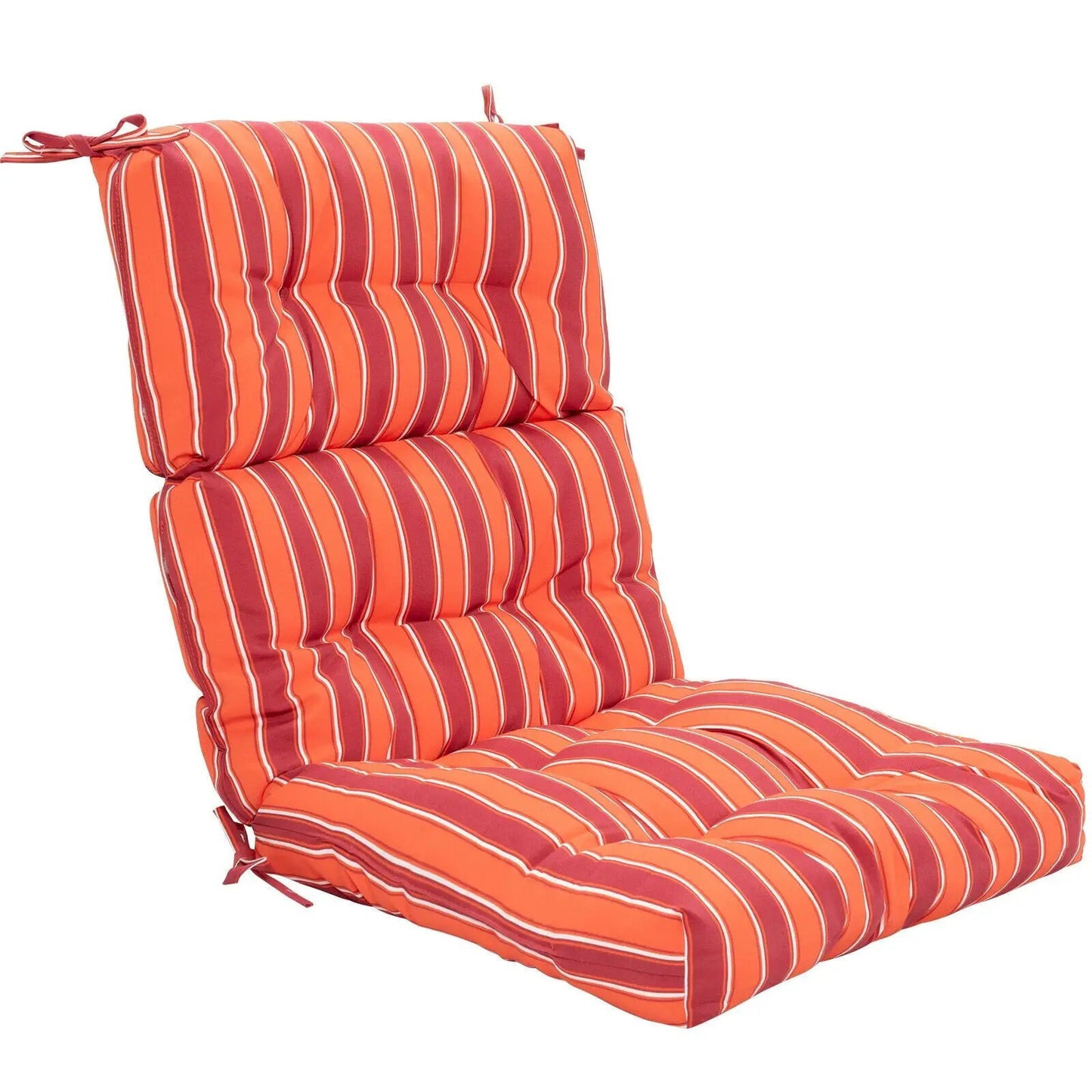 Tufted outdoor chair pad set 22x44 in orange-red striped fabric with ties on Tampa Home & Garden Store