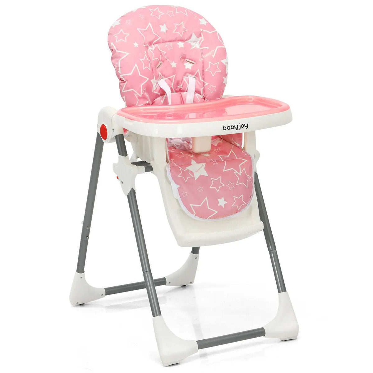 Babyjoy folding high chair pink star pattern with 6-level height and tray on Tampa Home & Garden Store