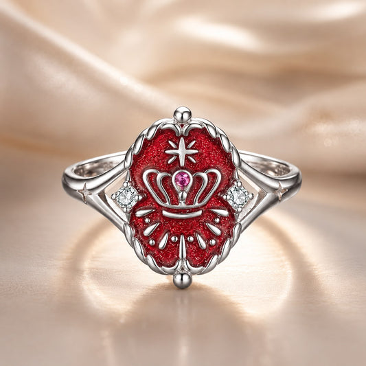 Ring with red enamel crown motif in 925 sterling silver, white gold plated, crystal accents on Tampa Home & Garden Store