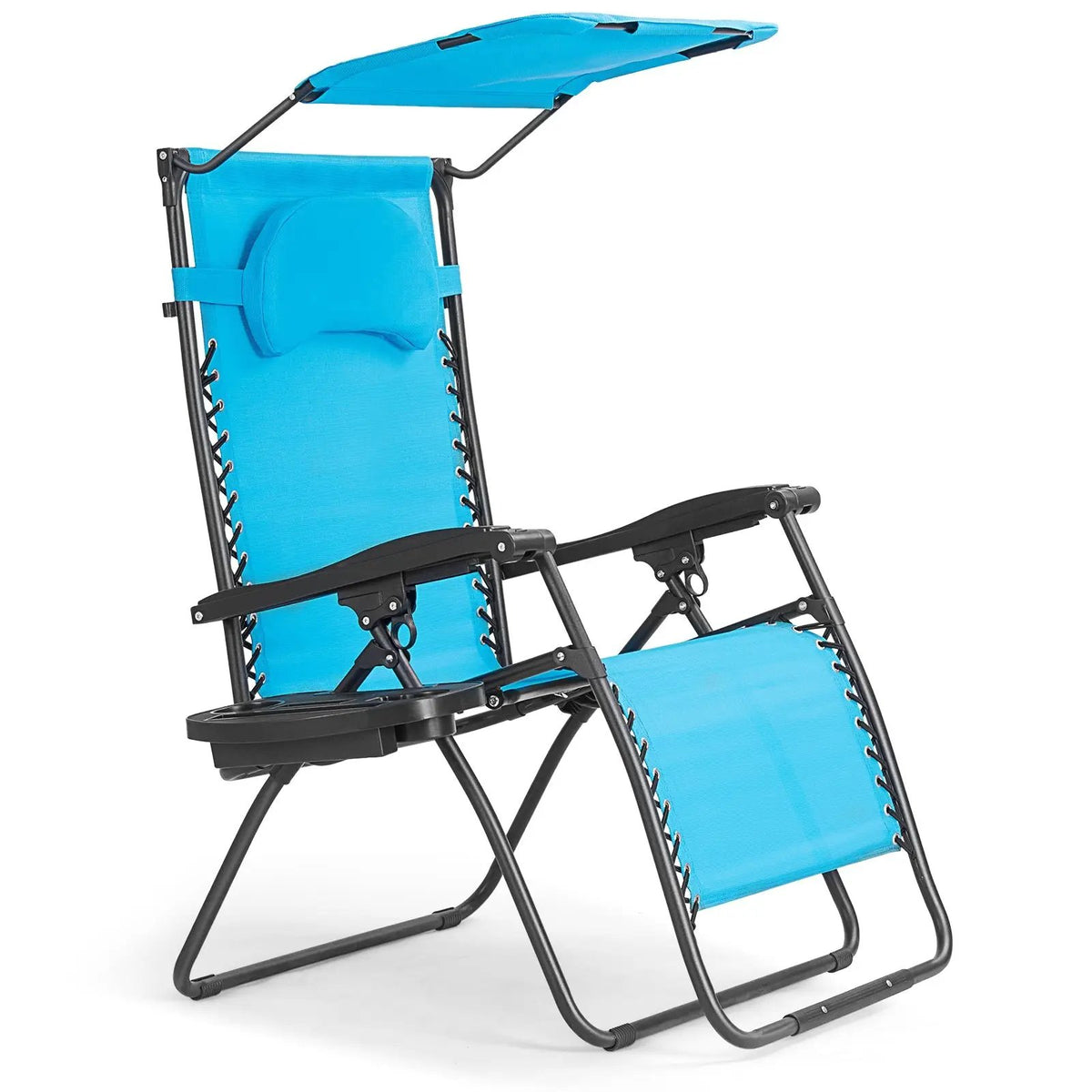Folding recliner lounge chair with blue shade canopy, steel frame and cup holder on Tampa Home & Garden Store