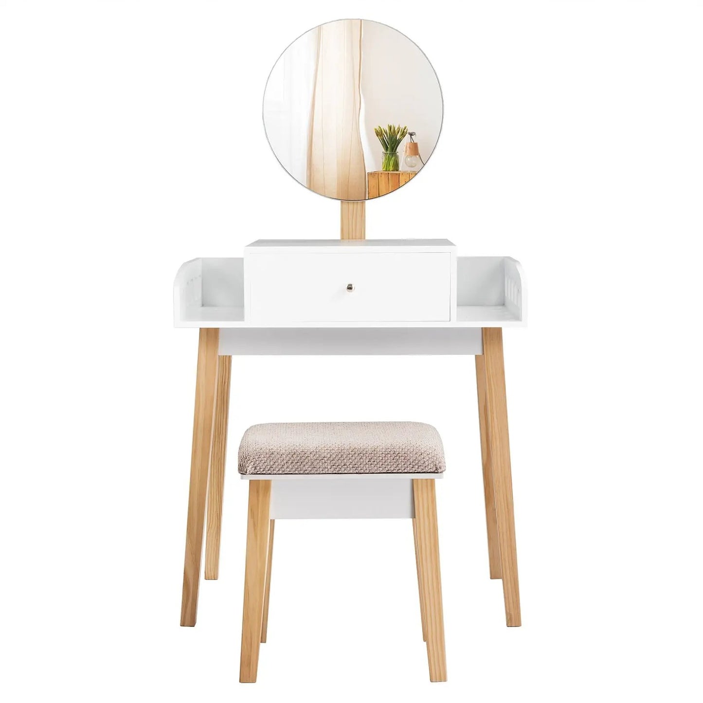 Wooden makeup dressing table mirror with white finish and natural wood legs DirectDeals on Tampa Home & Garden Store