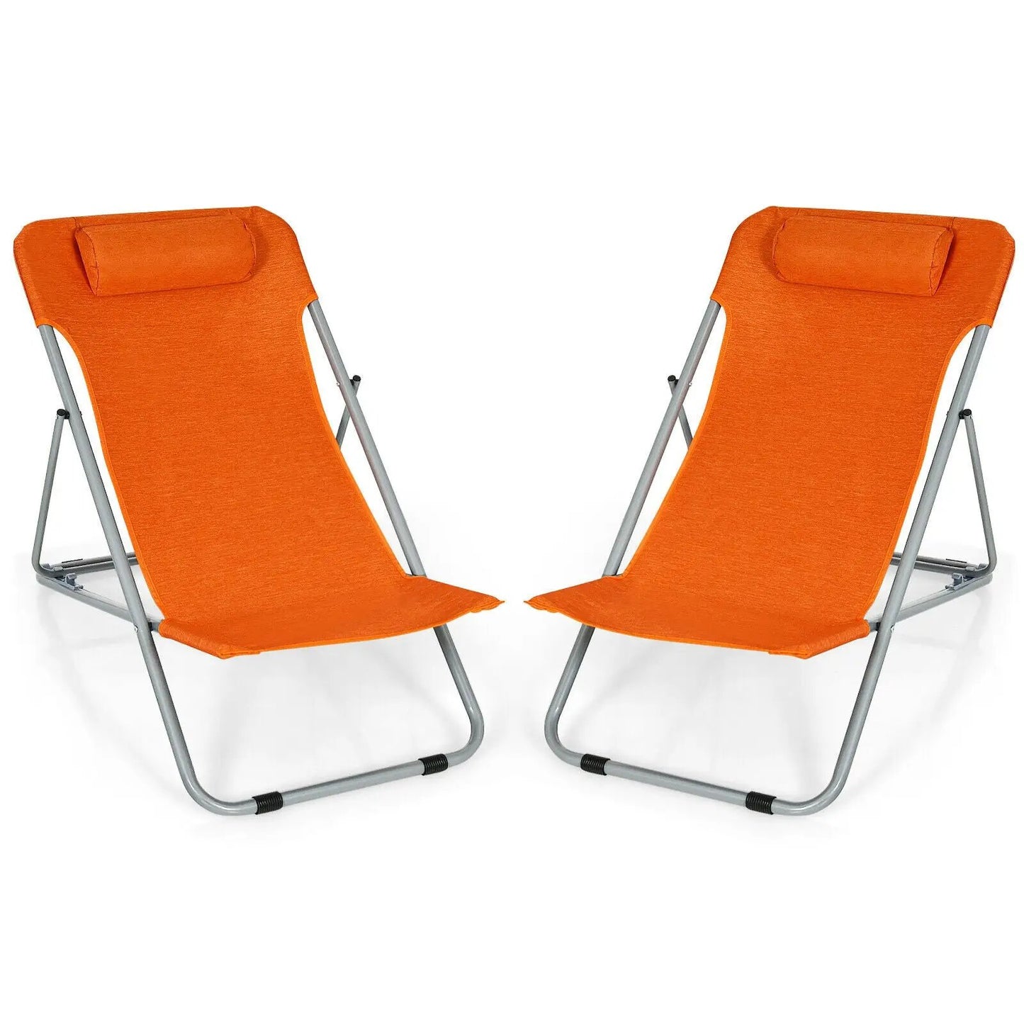 Set of 2 portable orange folding beach chairs with headrests and silver metal frames on Tampa Home & Garden Store
