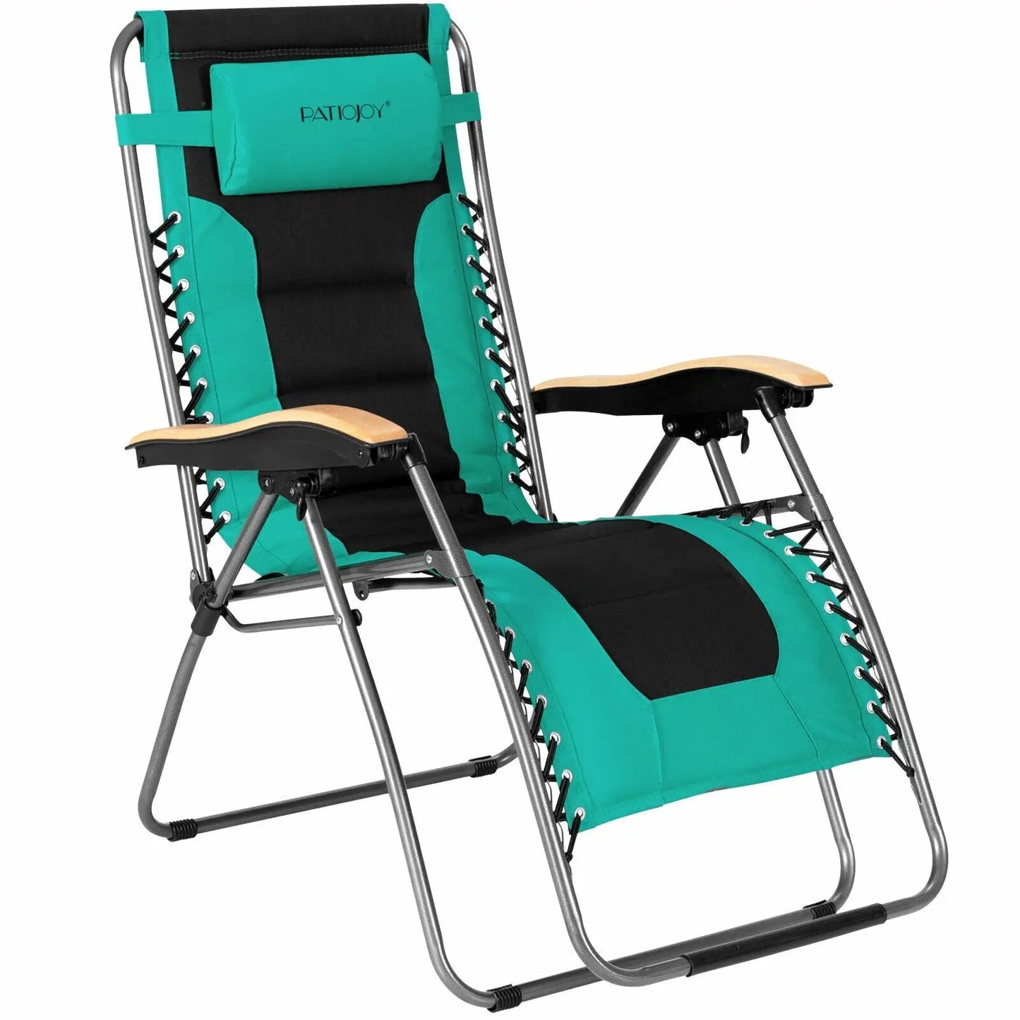 PATIOJOY oversize folding padded zero gravity chair teal and black fabric with wooden armrests on Tampa Home & Garden Store