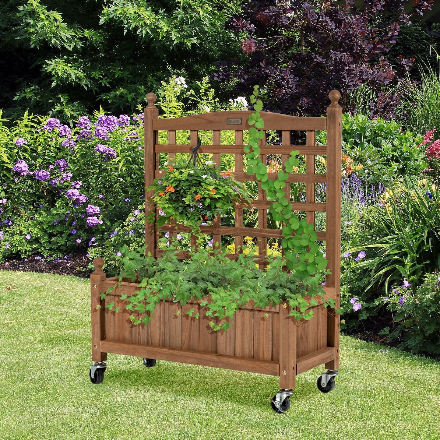 32in wood planter box with trellis mobile raised bed on wheels climbing vines on Tampa Home & Garden Store