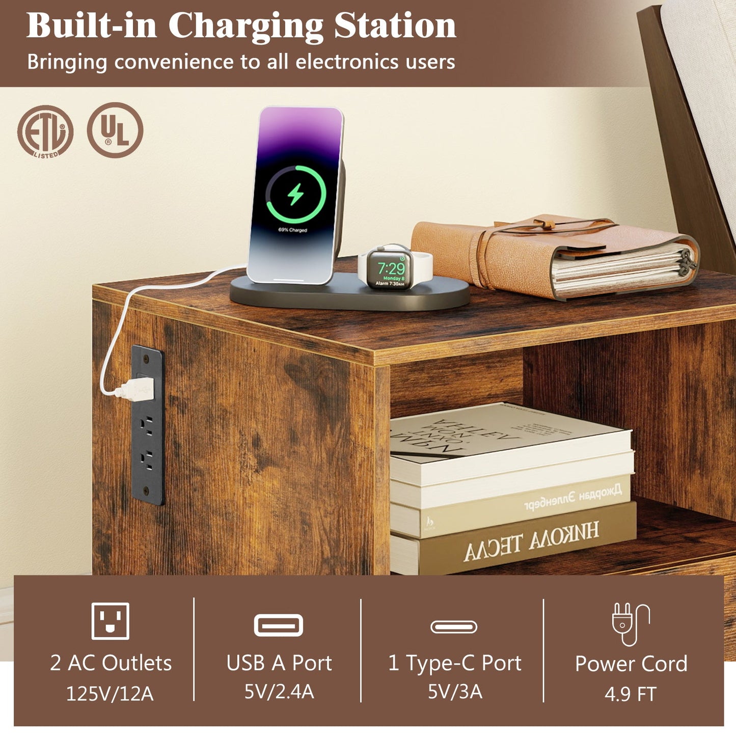Rustic nightstand with built-in charging station and drawer in brown wood, DirectDeals on Tampa Home & Garden Store