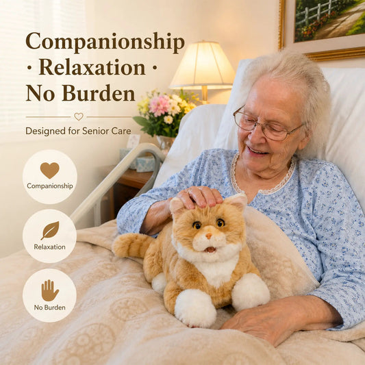 Matecat Pro Interactive Plush Cat by Chongker, lifelike orange plush cat held by elderly patient on Tampa Home & Garden Store