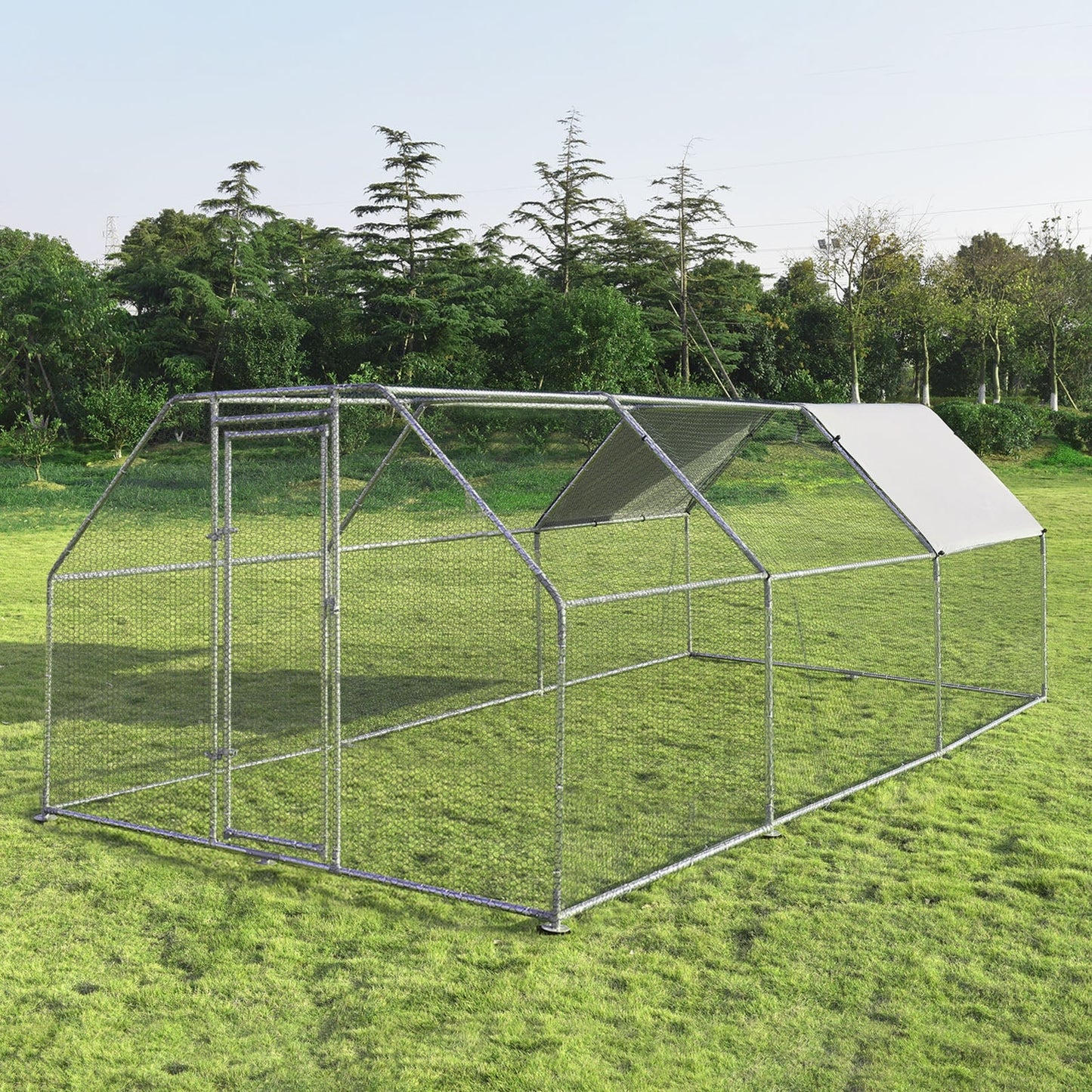 9.5 x 19 ft large walk-in chicken coop with galvanized chain-link frame and shade panel on Tampa Home & Garden Store