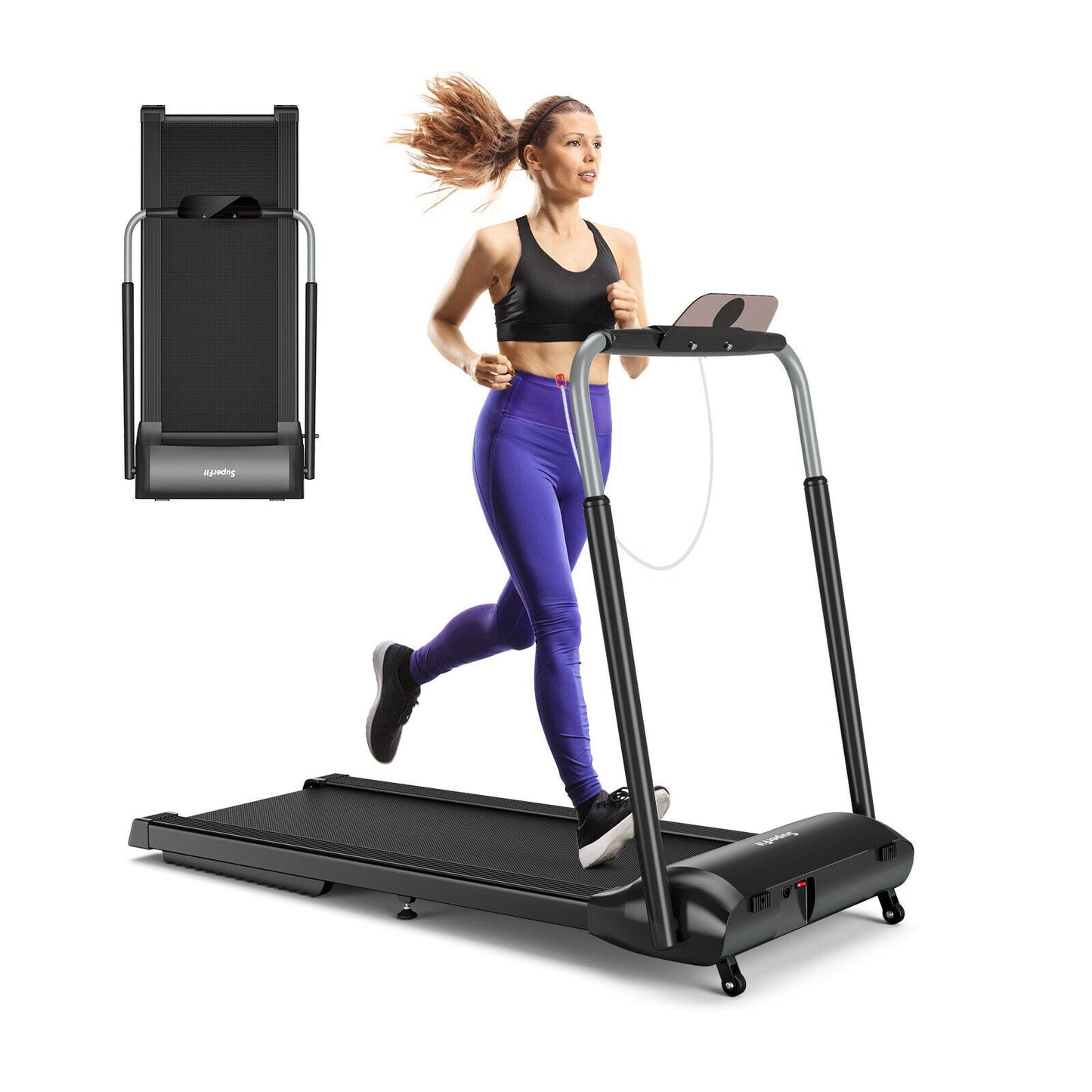 Compact Folding Treadmill with Touch Screen by DirectDeals, black; folded and in use on Tampa Home & Garden Store