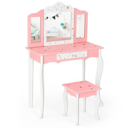 Kids princess vanity table and stool 2pc set with pink and white finish and tri-fold mirror on Tampa Home & Garden Store