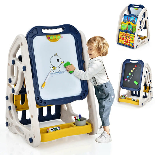 3-in-1 Kids Art Easel Double-Sided Tabletop with blue frame and yellow storage tray DirectDeals on Tampa Home & Garden Store