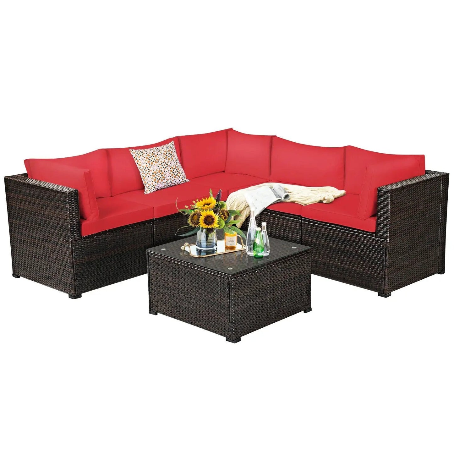 Six-piece patio sofa set with red cushions and dark wicker, includes coffee table on Tampa Home & Garden Store