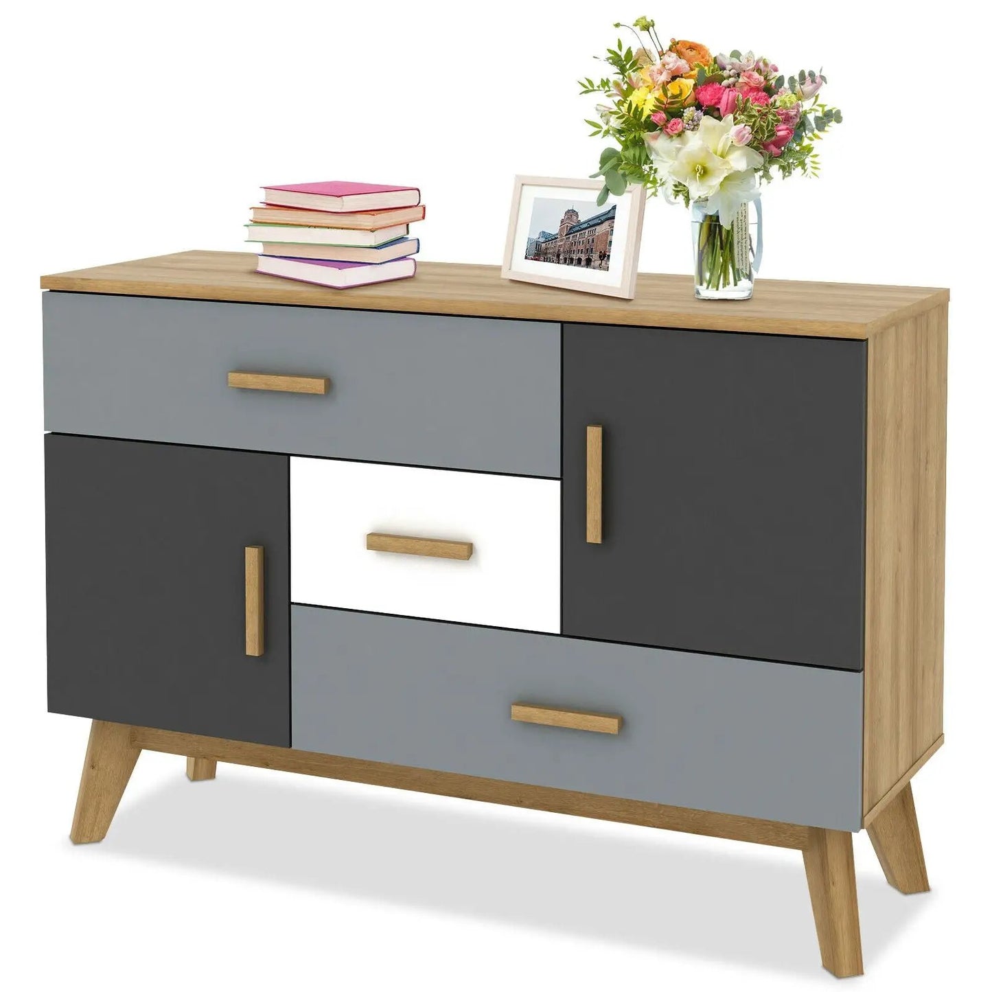 Free Standing Storage Cabinet with 2 Doors and 3 Drawers, wood top and gray black fronts on Tampa Home & Garden Store