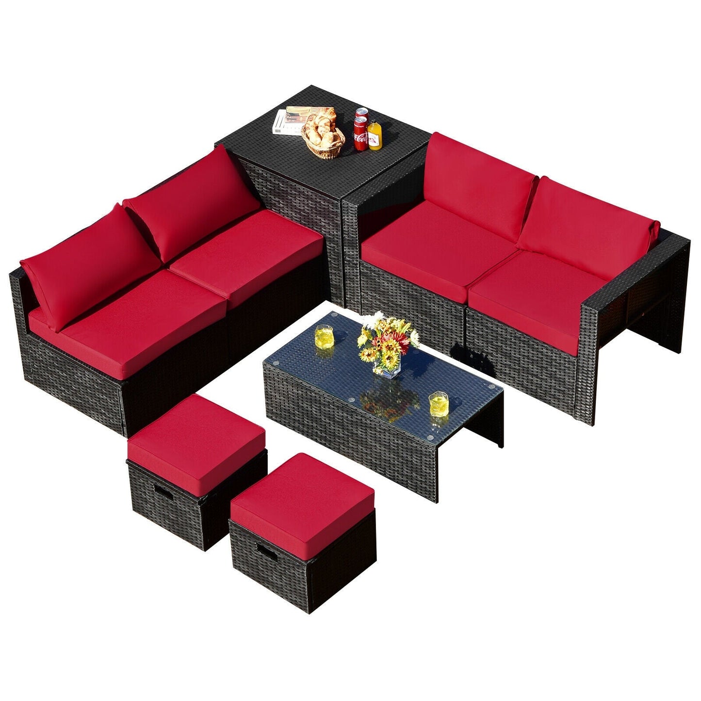 8-Piece Patio Rattan Storage Table Set black wicker red cushions, coffee table and ottomans on Tampa Home & Garden Store