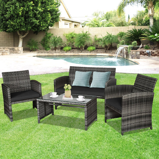 4 Pieces Patio Rattan Furniture Set with Glass Table and Loveseat-Black - Tampa Home & Garden Store