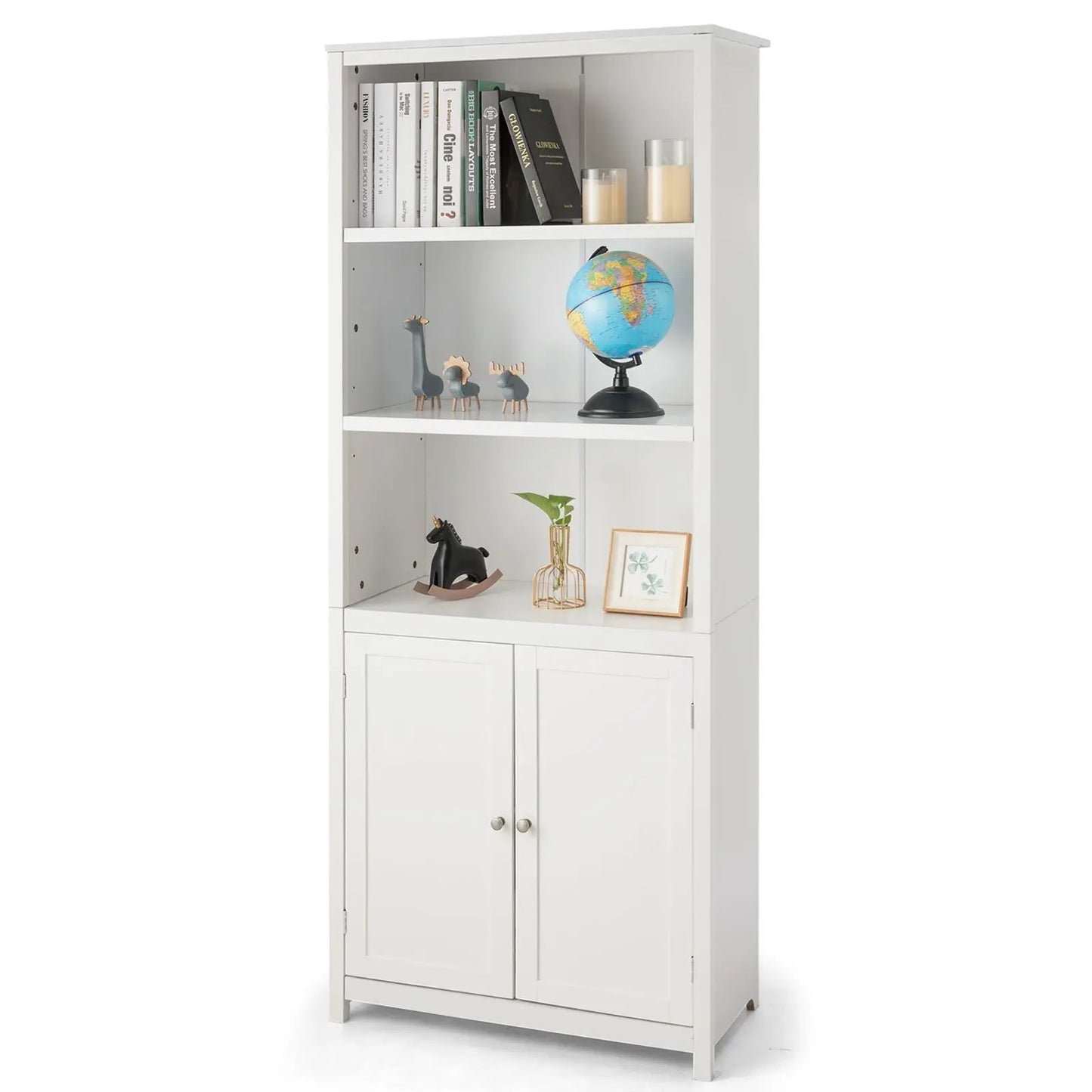 Bookcase Shelving Storage Wooden Cabinet Unit Standing Display Bookcase with Doors-Gray - Tampa Home & Garden Store