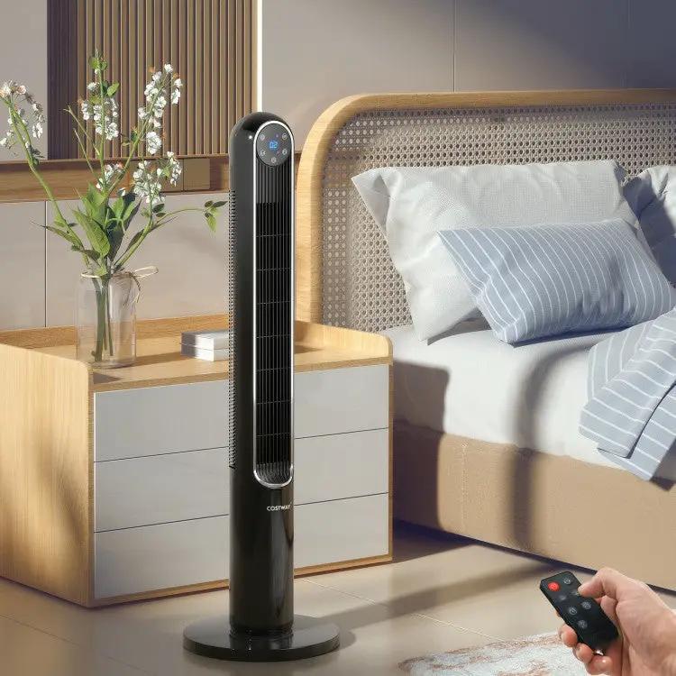 42-inch bladeless tower fan with smart display panel, black Costway with remote in bedroom on Tampa Home & Garden Store