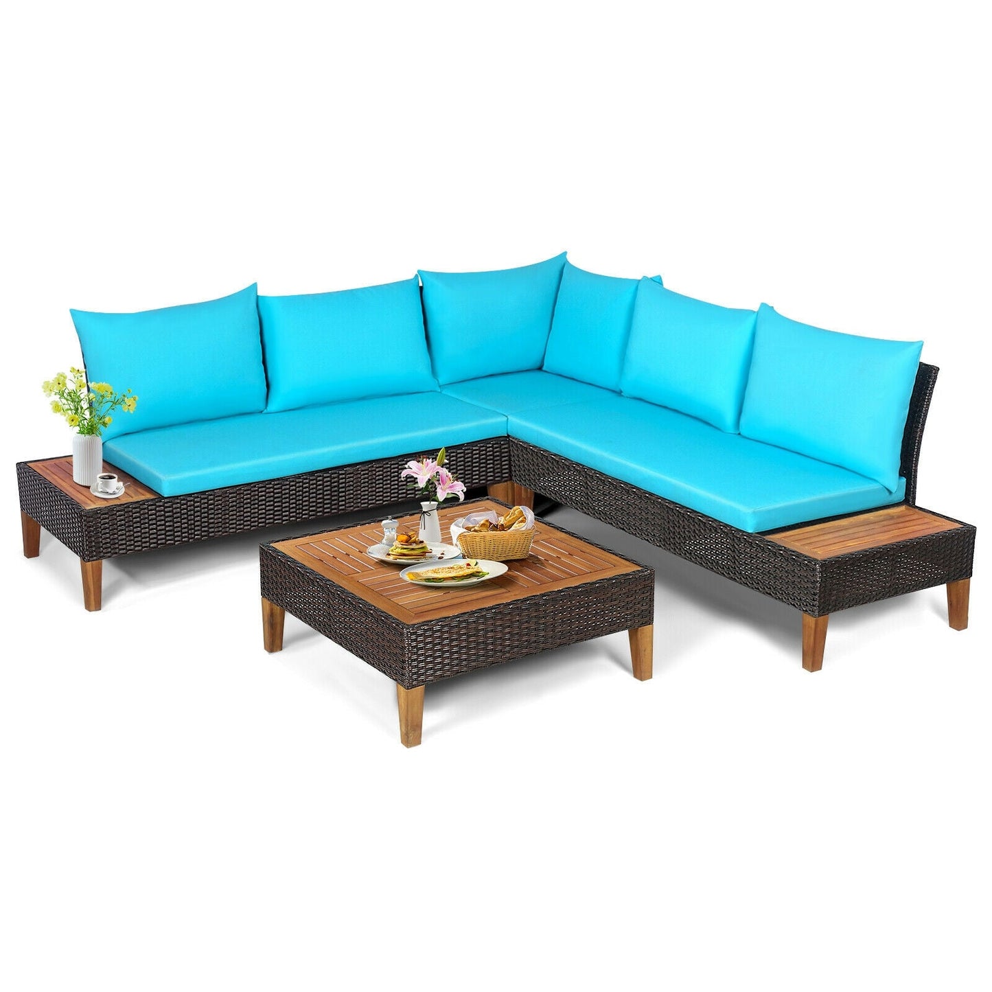 4-Piece patio cushioned rattan furniture set with turquoise cushions and wooden-top tables on Tampa Home & Garden Store