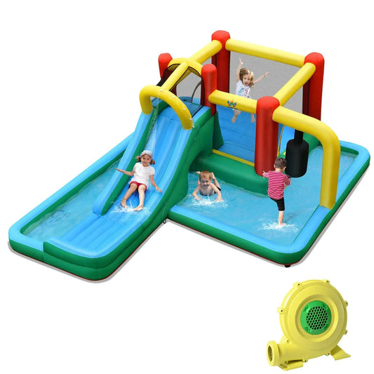 Inflatable Water Slide Climbing Bounce House DirectDeals with blue slides, yellow red frame on Tampa Home & Garden Store