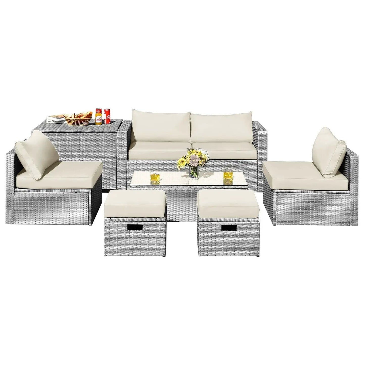 8-Piece DirectDeals patio rattan furniture set with beige cushions, gray wicker, glass coffee table on Tampa Home & Garden Store