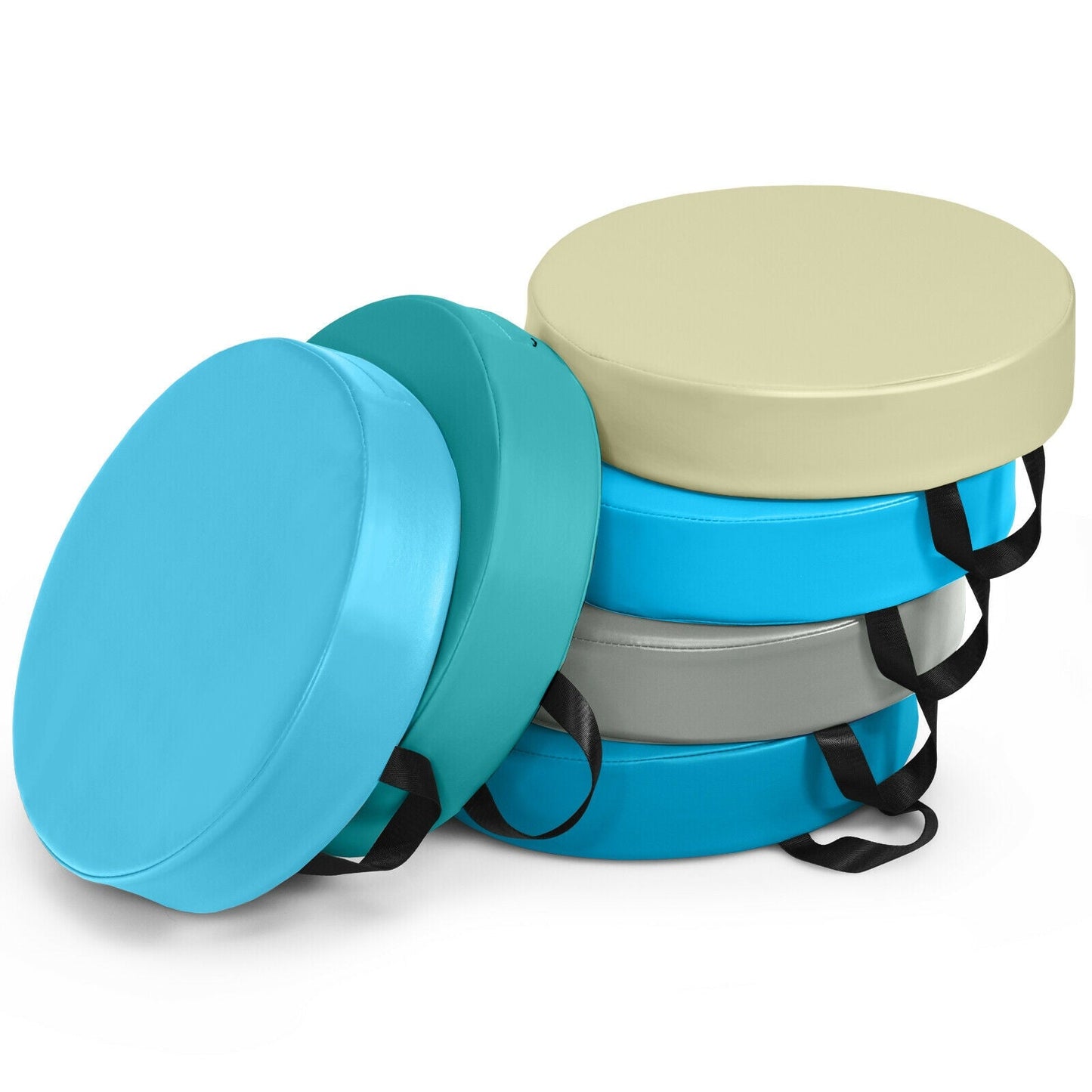 Six Colorful 15 Inch Round Toddler Floor Cushions in teal blue and beige with black handles on Tampa Home & Garden Store