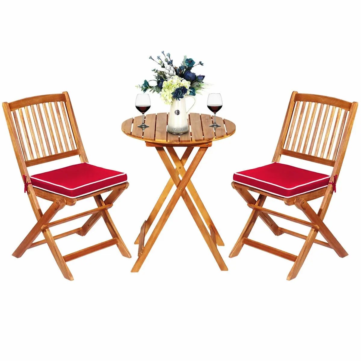 Patio folding bistro set with round wooden table and two folding chairs with red cushions on Tampa Home & Garden Store