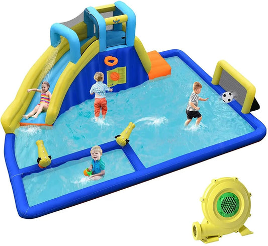 6-in-1 inflatable water slide with blue and yellow sections and blower for kids on Tampa Home & Garden Store
