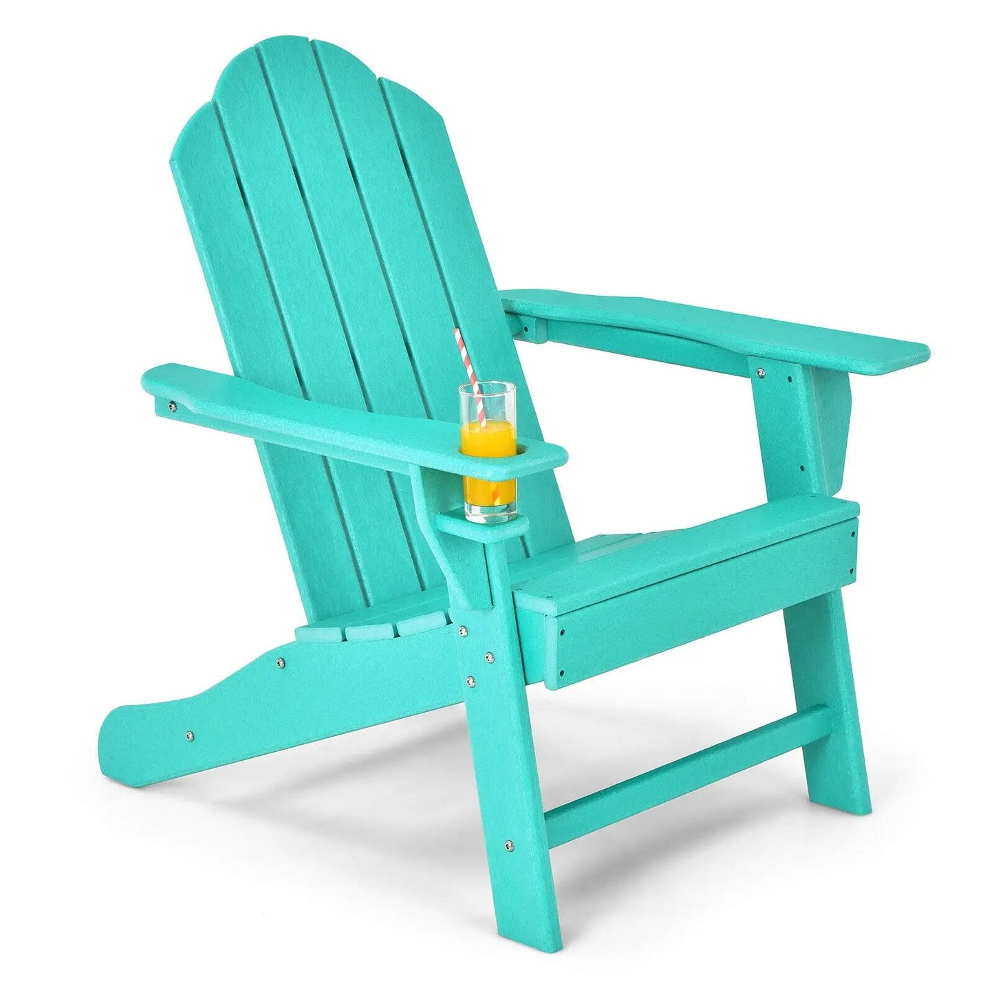 Outdoor Adirondack chair in teal with built-in cup holder on the arm and a glass of orange juice on Tampa Home & Garden Store