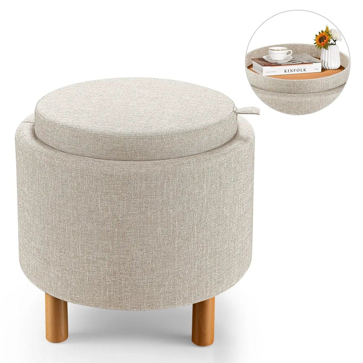 Round beige fabric storage ottoman with lid, top tray and pads, wood legs DirectDeals on Tampa Home & Garden Store