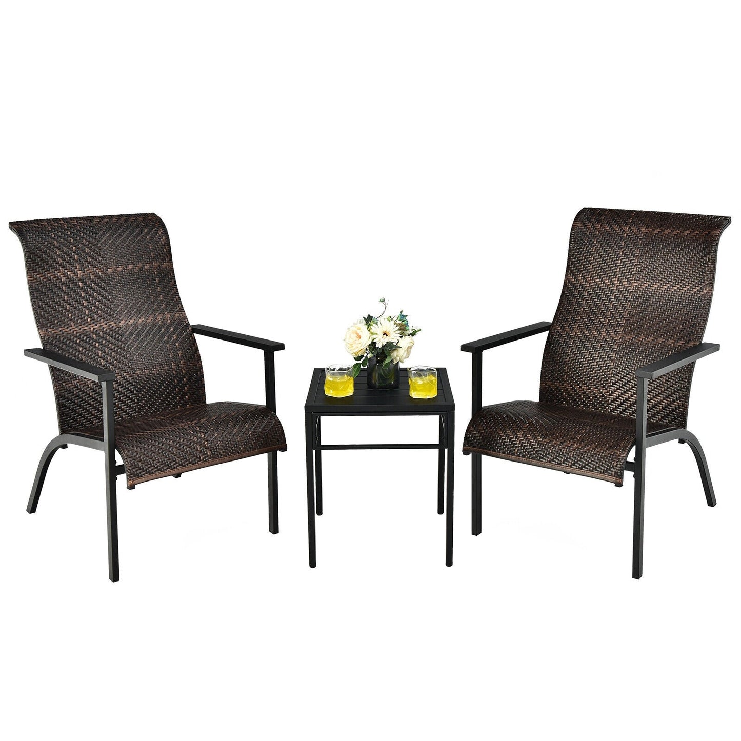 Three Piece Patio Rattan Bistro Set with high backrest in brown wicker DirectDeals on Tampa Home & Garden Store