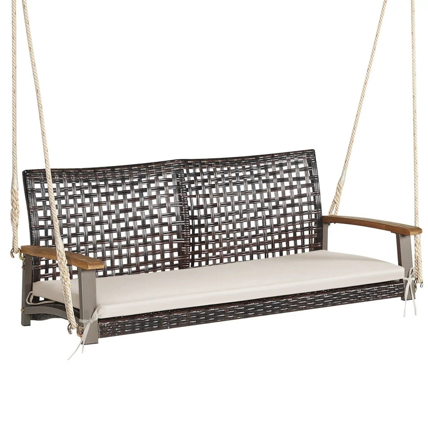 2-Person Rattan Hanging Porch Swing Chair DirectDeals with dark brown wicker and cream cushions on Tampa Home & Garden Store