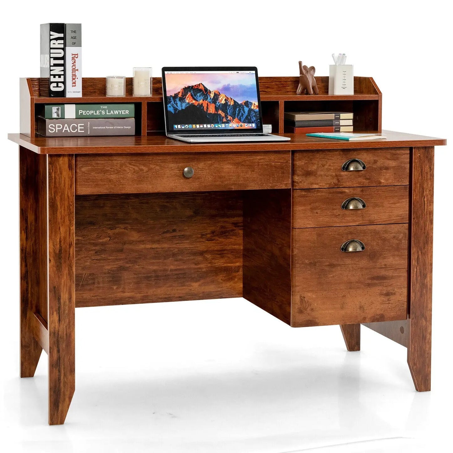Computer desk with hutch in brown wood finish, laptop on top, shelves and 3-drawer cabinet on Tampa Home & Garden Store