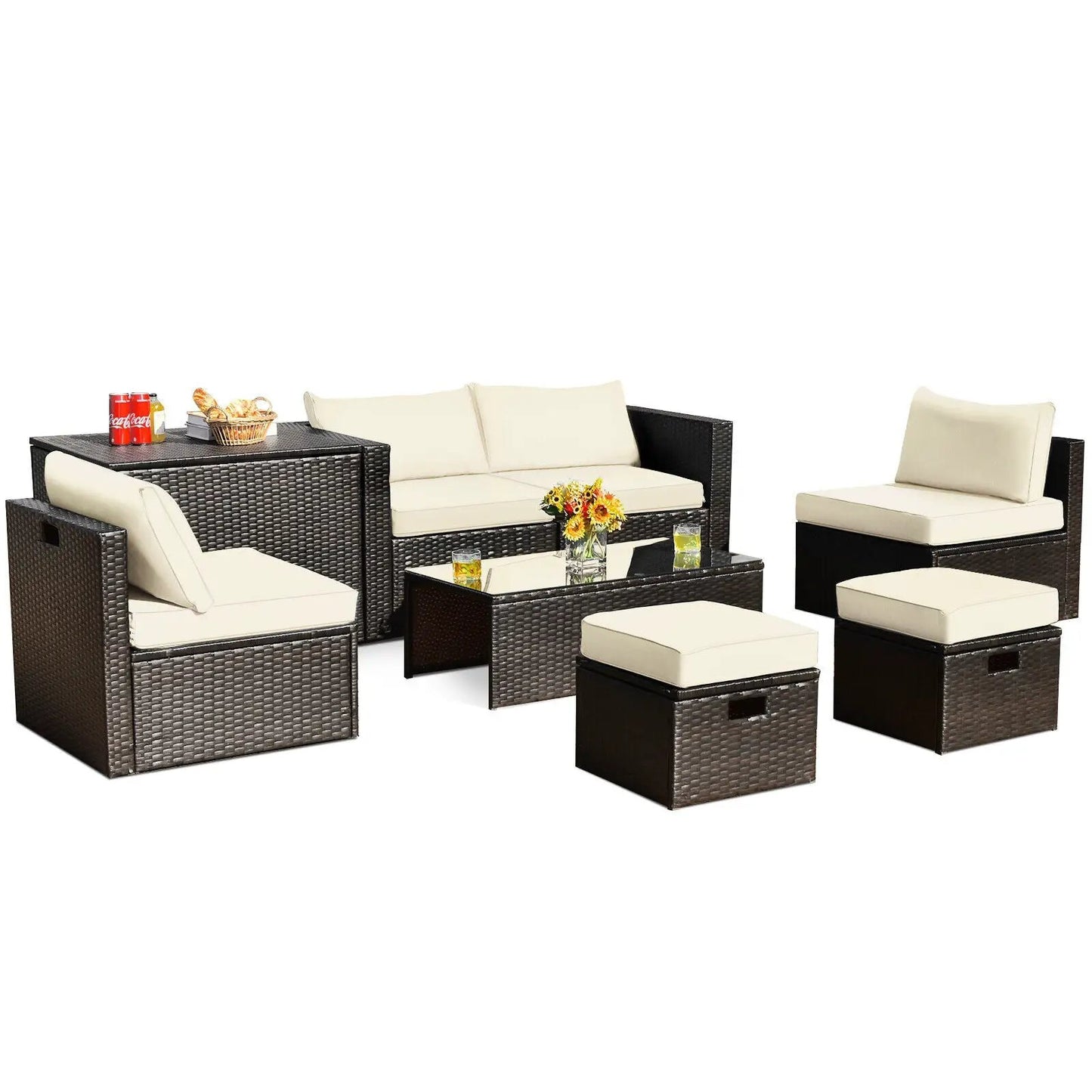 8-Piece Patio Rattan Set with Storage Box, dark brown wicker and beige cushions on Tampa Home & Garden Store