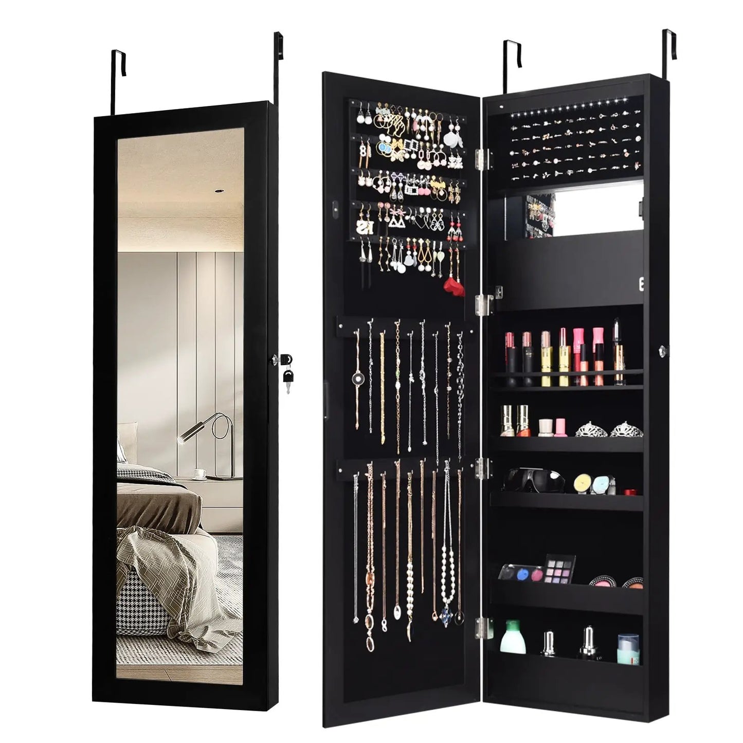 Lockable Wall Door Mounted Mirror Jewelry Cabinet w/LED Lights-Brown - Tampa Home & Garden Store