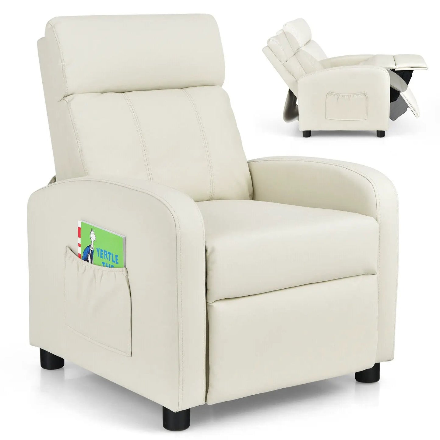 Ergonomic PU Leather Kids Recliner Lounge Sofa in cream with side pocket on Tampa Home & Garden Store