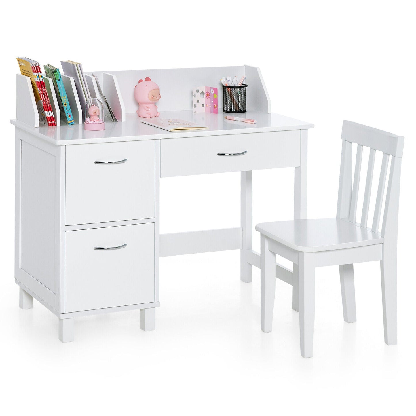 Kids wooden white writing desk set with drawer cabinet and matching chair DirectDeals on Tampa Home & Garden Store